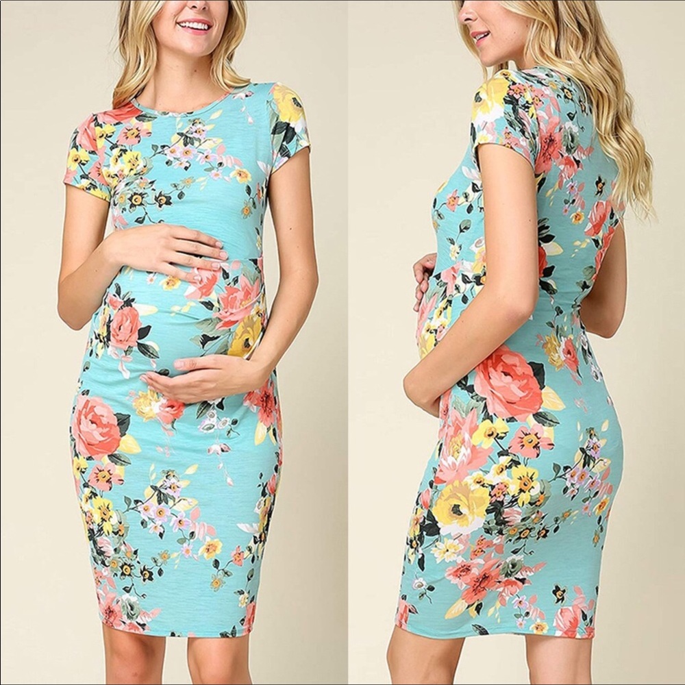 NEW Light Blue Floral Short Sleeve Bodycon Dress